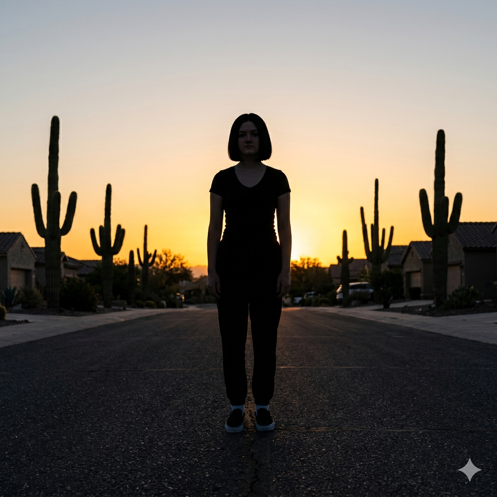 a teen girl stands in a desert scene at sunset